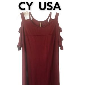 CY USA Short Sleeve Shoulder Cutout Accent Mini Dress Wine L